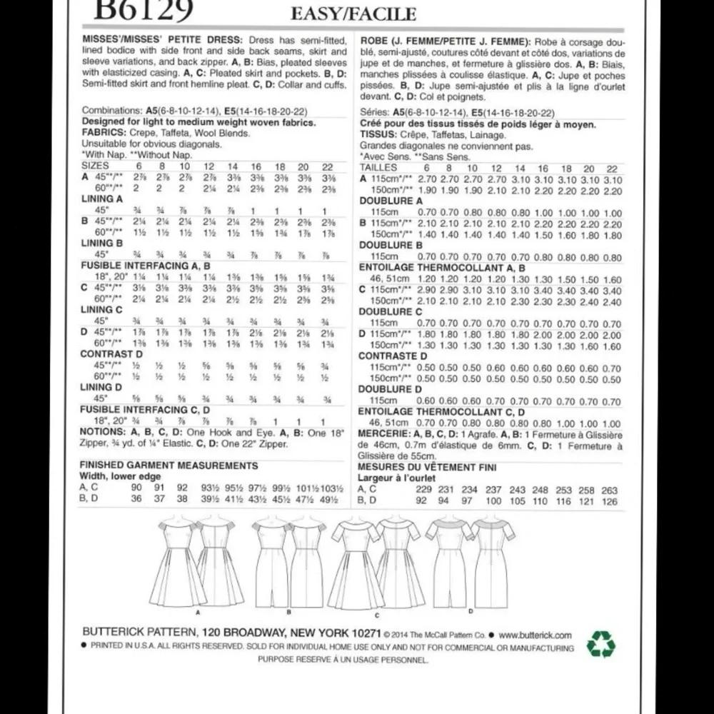 Butterick Sewing Pattern Misses'/Misses' Petite Off-the-Shoulder /Yoke Size 6-14